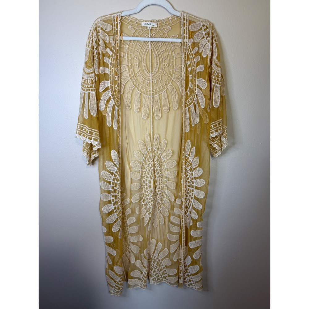 Rebellion Again Women Mustard Yellow Embroidered Mesh Longline Kimono Small Boho